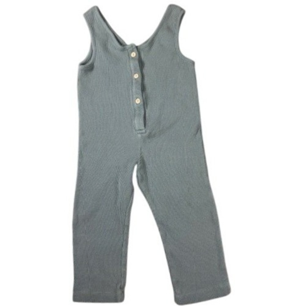 Zara Jumpsuit Unisex 2-3Y‎ Waffle Knit Thermal Button Front Sage Green Romper